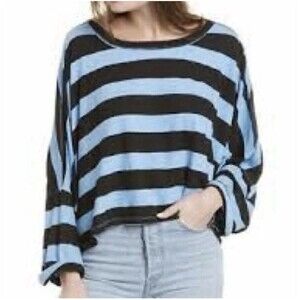 We The Free People East West Tee Striped Black Blue Size XS Oversized Boho